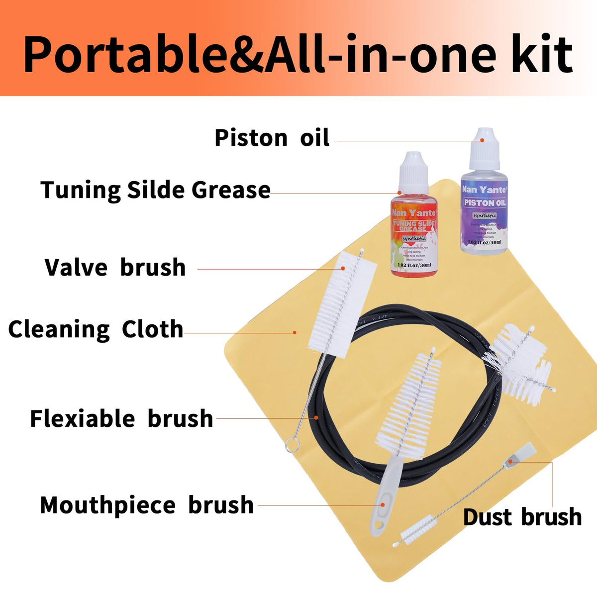 7-in-1 Trumpet Cleaning Kit with Valve Oil, Slide Grease & Snake Brush X4568