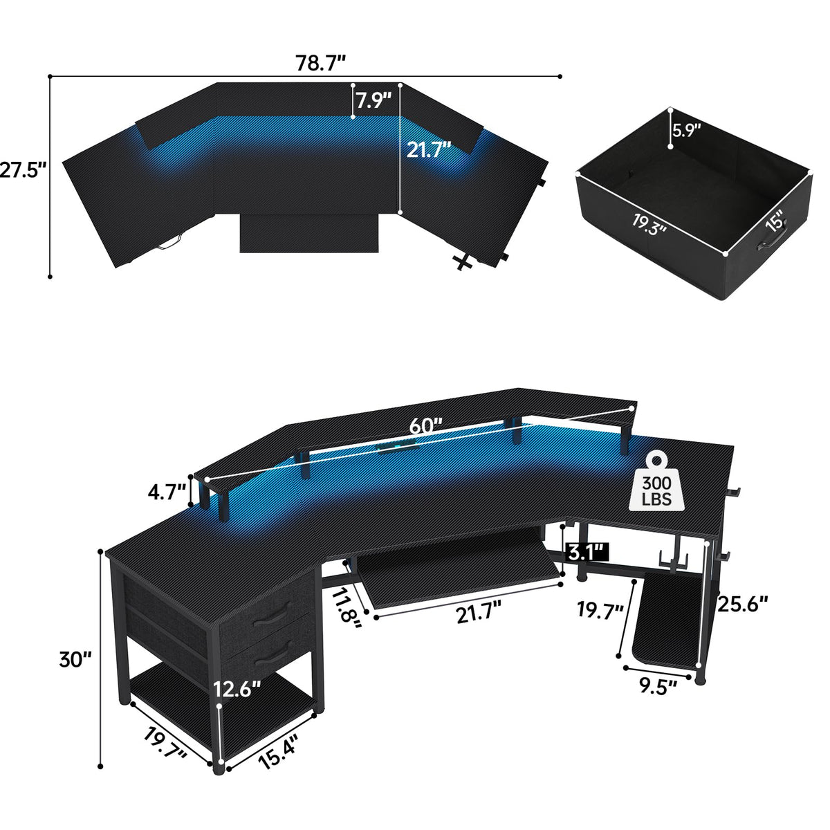 79" Gaming Desk with Fabric Drawers Storage Z68599