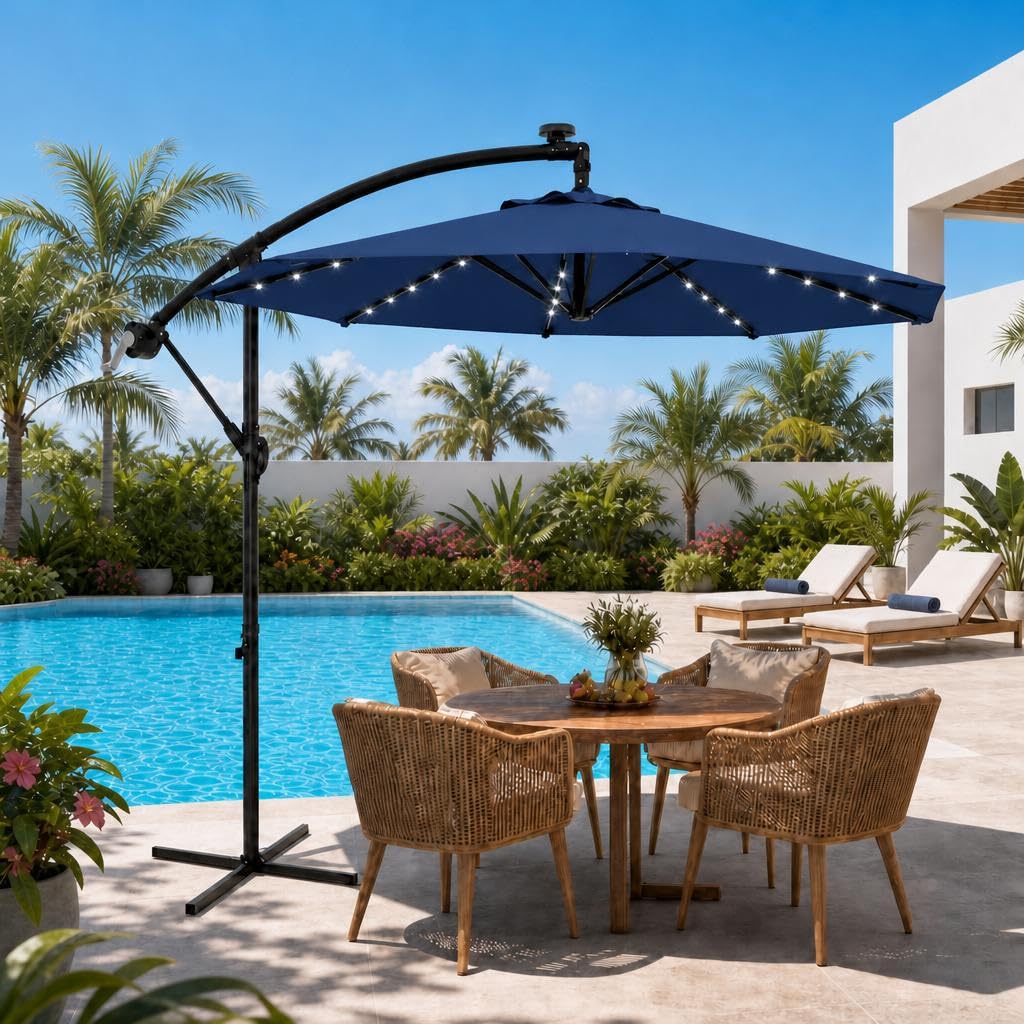 10 ft Solar Light Patio Umbrella with Crank Lift and Cross Base F99674