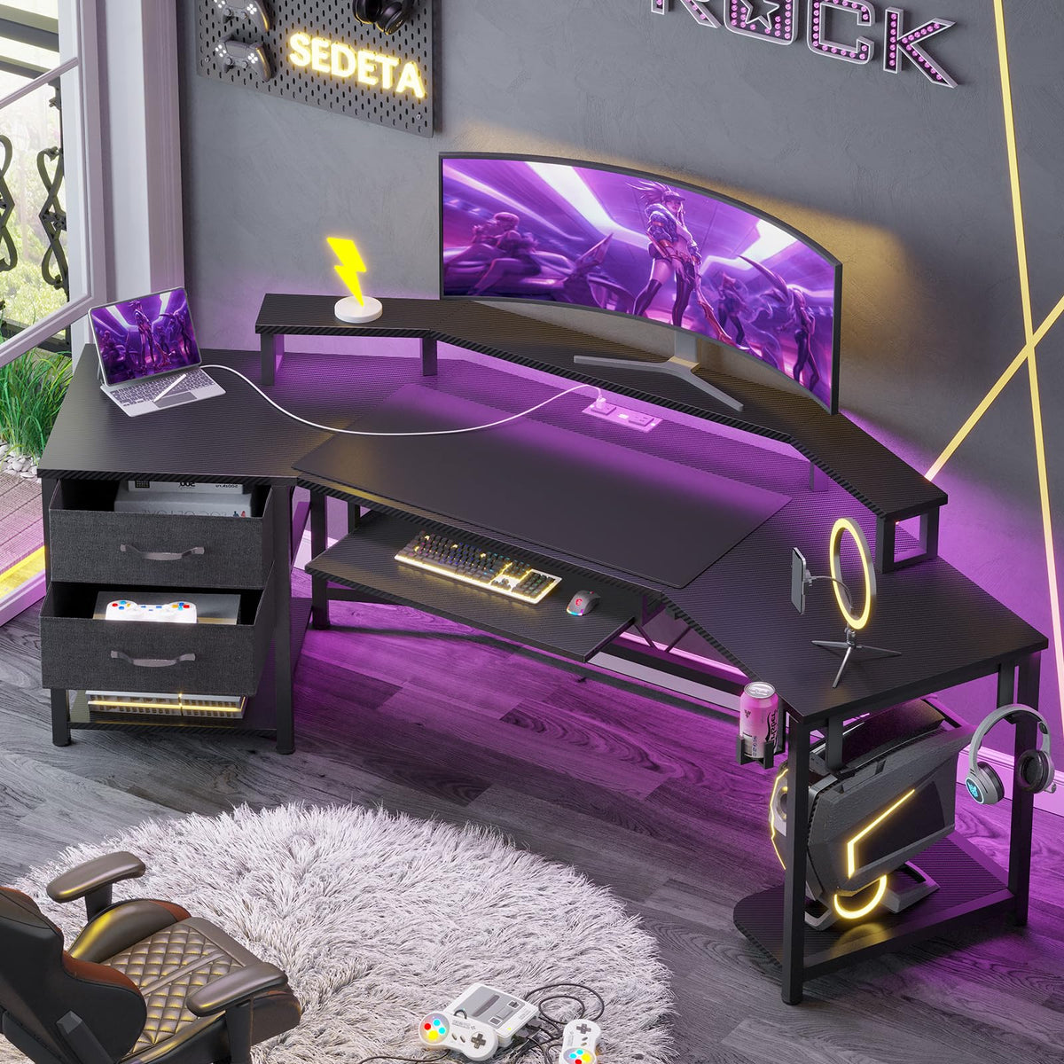 79" Gaming Desk with Fabric Drawers Storage Z68599