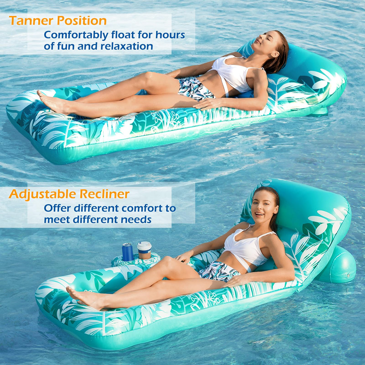 Inflatable Pool Float Lounger with Adjustable Backrest Cup Holders X417152