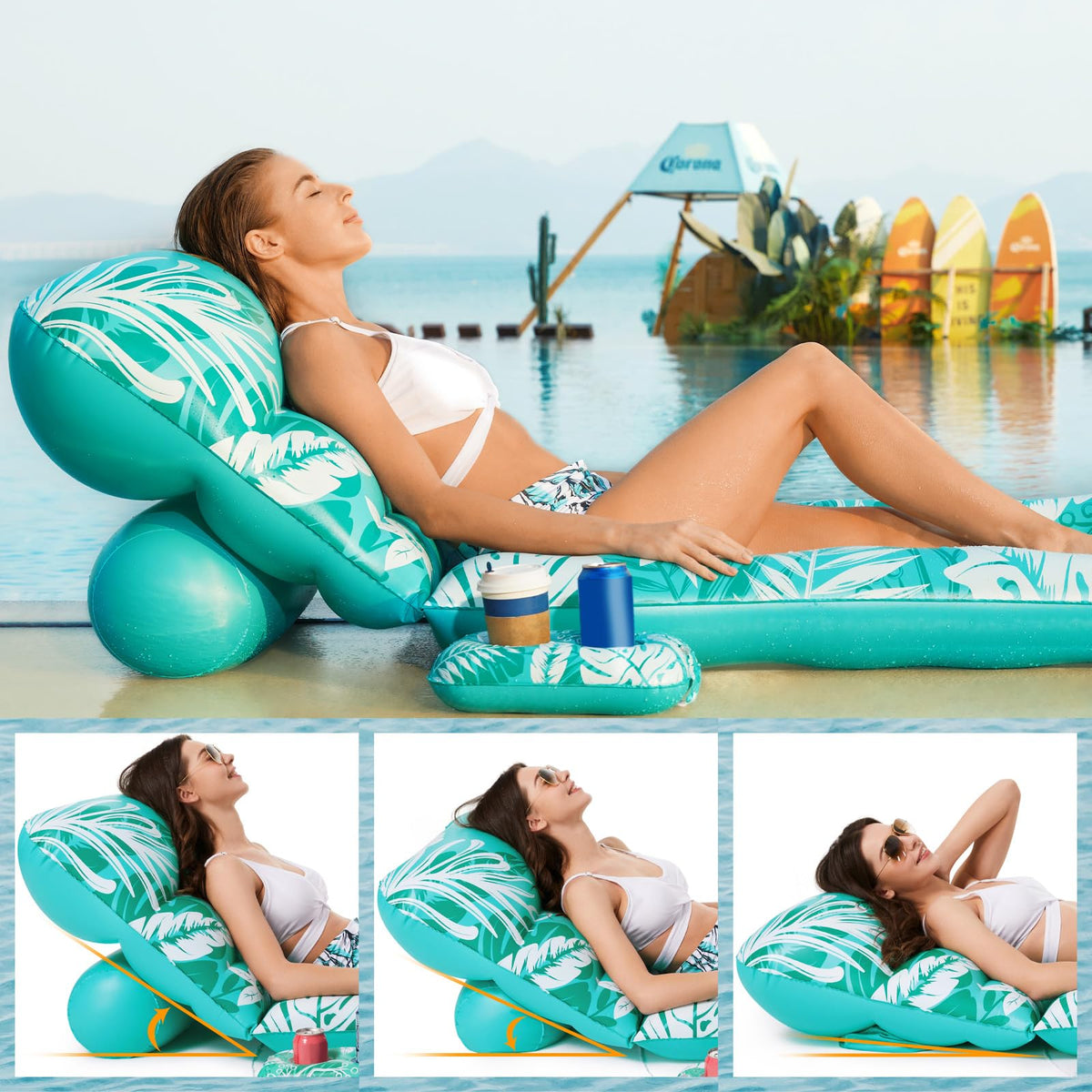 Inflatable Pool Float Lounger with Adjustable Backrest Cup Holders X417152