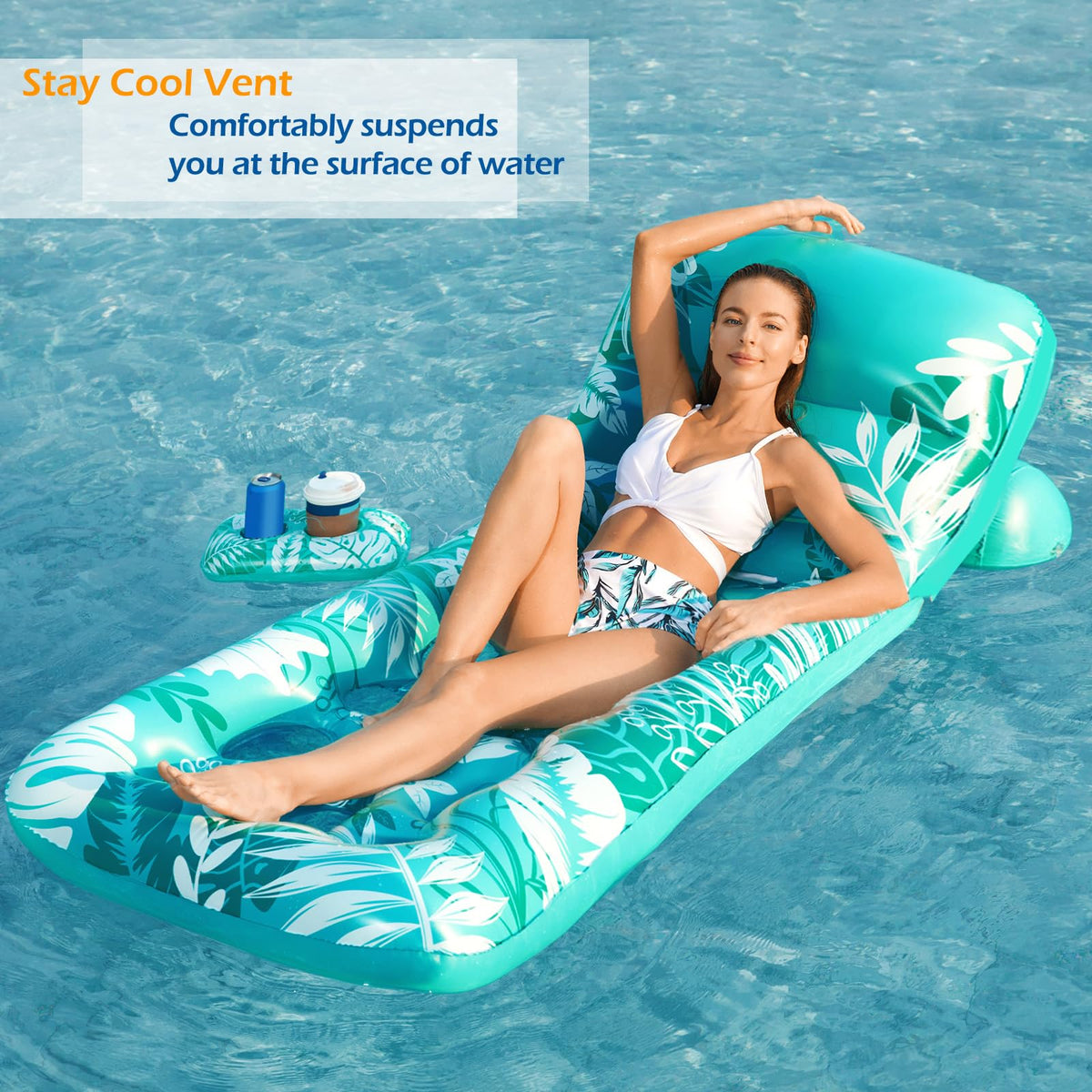 Inflatable Pool Float Lounger with Adjustable Backrest Cup Holders X417152